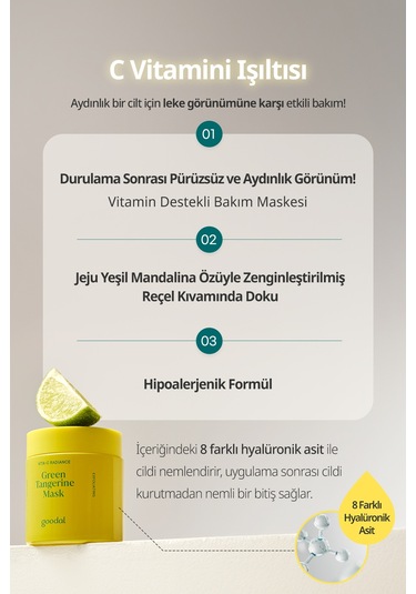 Yeşil Mandalina Özlü, Leke Karşıtı Nemlendirici Maske Goodal Green Tangerine Vita C Wash Off Mask