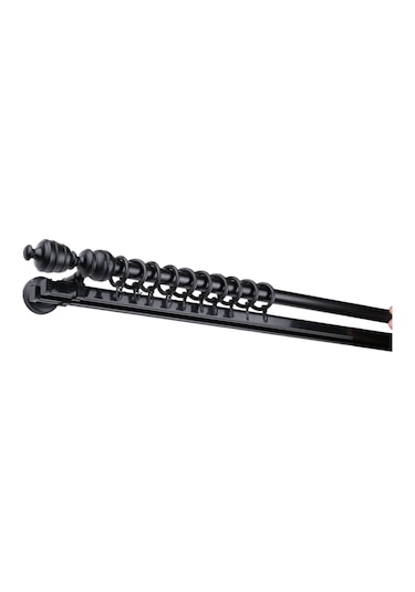 Siyah Efil Demonte Başlıklı Ahşap Rustik Perde Askısı - Çift Raylı - 225 Cm