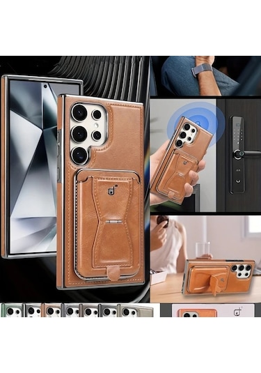 Turcoshop11 Galaxy S24 Ultra Manyetik Kartlık Yüksek Kalite Suni Deri Kılıf Brown