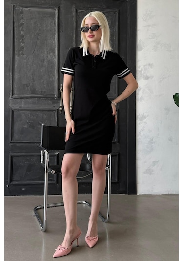 Madmext Siyah Polo Yaka Şerit Detaylı Kadın Elbise Mg2344