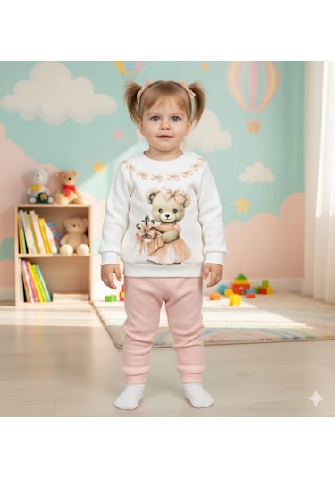 Kız Bebek Ayıcık Baskılı Çıt Çıtlı Alt Üst İkili Gündelik Takım Pudra