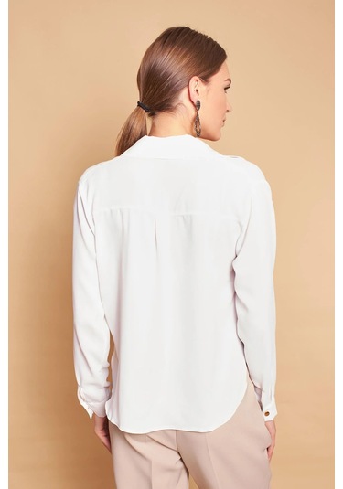Yakalı Önü Pileli Uzun Kol Likrasız Şık Kumaş Gömlek-krem Krem