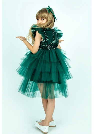 Yeşil Pullu Kız Çocuk Parti Elbisesi