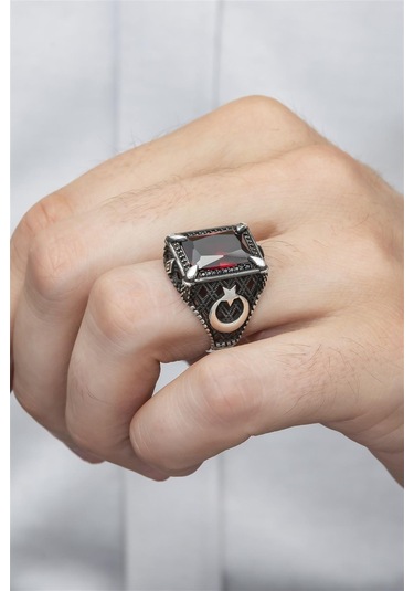 Yüzük Sanatı Dikdörtgen Ayyıldız Motifli Kırmızı Taşlı 925 Gümüş Erkek Yüzük