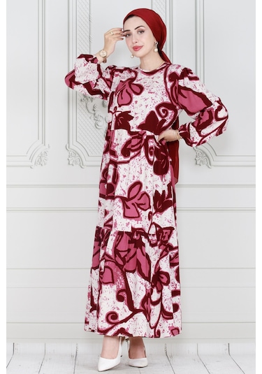 Sevitli Kuşaklı Lilyum Viscon Elbise-bordo-3999-bordo Bordo