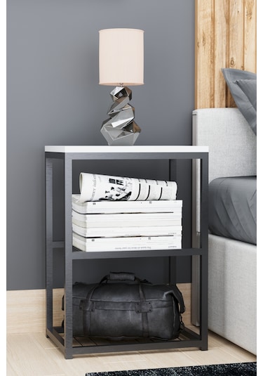 Metal Ayaklı Dekoratif Tel Raflı Komodin Beyaz Beyaz