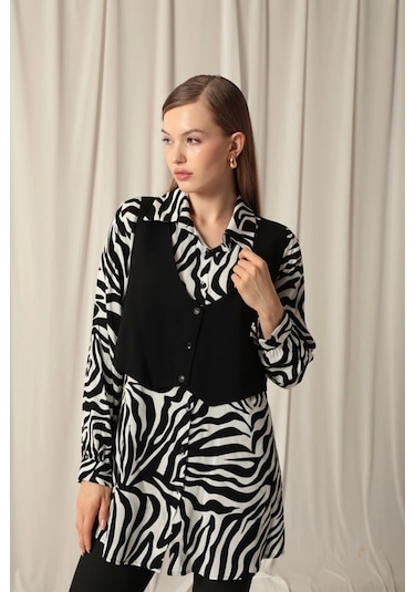 Saklımoda Viskon Kumaş Yelekli Kadın Zebra Gömlek Çok Renkli
