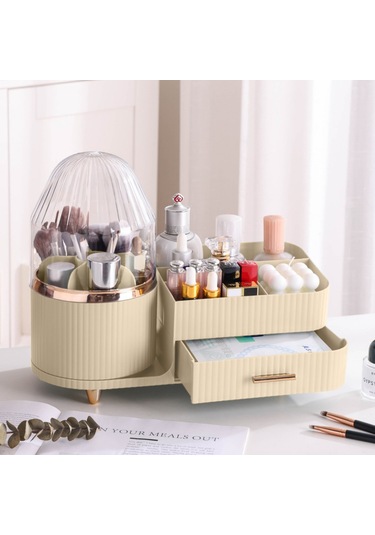 Makyaj Organizer Kozmetik Aksesuar Fırça Ve Takı Düzenleyici Çok Amaçlı Makyaj Kutusu Bej