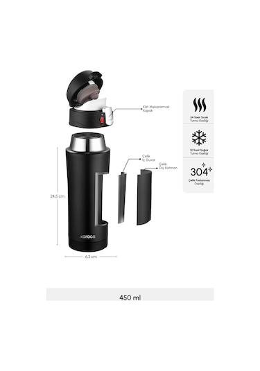 Karaca Pluton Çelik Sızdırmaz Termos Siyah 450 ml