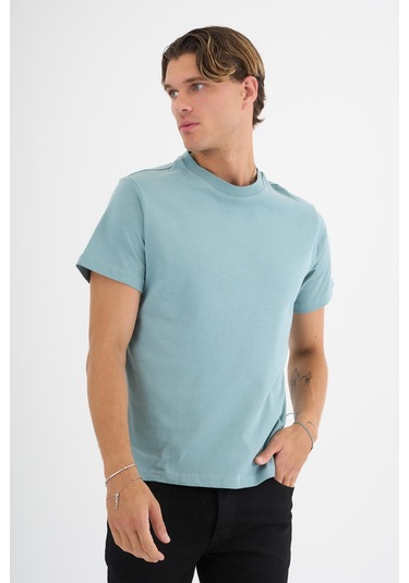 Erkek Yeşil %100 Pamuklu Standart Kalıp T-shirt Siyah