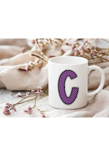 C Harfi Mor Puantiyeli Kupa Bardak - Polka Dot Tasarım Kahve Çay Bardak - Kişiye Özel Hediyelik Beyaz