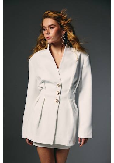 Sateen Gold Düğmeli Uzun Ceket - Ekru-136772 Ekru