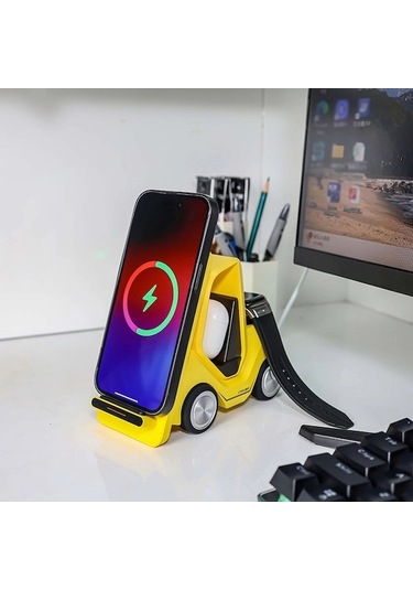 Rogfer T20s 3'ü 1 Arada 15w Led Atmosfer Işıklı Küçük Forklift Şekilli Masaüstü Kablosuz Şarj Cihazı Sarı