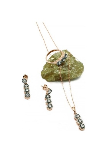 Roze Gümüş Taşlı Kadın Üçlü Set Yüzük Küpe Kolye Ucu Ve Zincir Mo