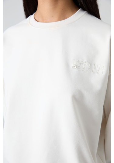 Tommy Life Ekru Basic Pamuklu O Yaka Oversize Lastik Paça Kadın Eşofman Takım - 95287 Ekru