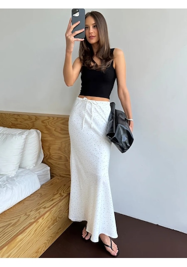 Molmol Vücut Lastikli, Astarlı, Puantiyeli Maxi Saten Etek 356951793 Beyaz