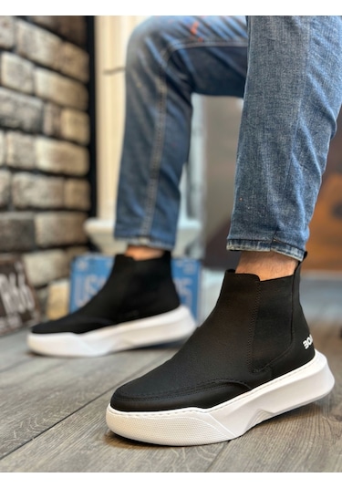 Ba0150 Bağcıksız Erkek Yüksek Taban Cilt Siyah Beyaz Spor Bot 001