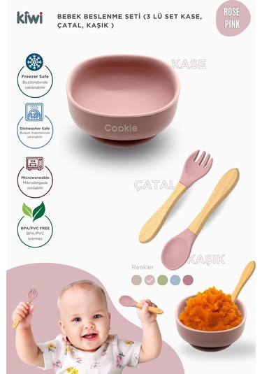 Kiwi 3 Parça Kase Çatal Kaşık Beslenme Seti - Doğal Silikon Bpa İçermez- Rose Pink