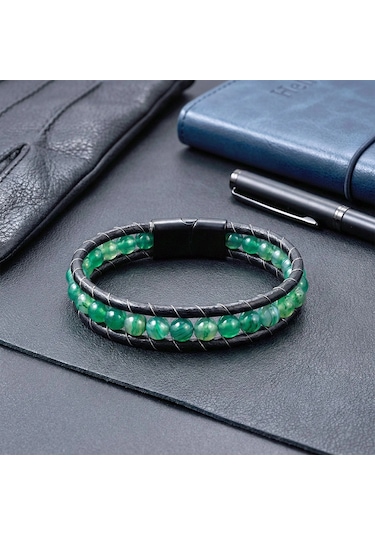 Moncuk Design 6mm Yeşil Akik Taşlı Deri Kordon Ve Çelik Bileklik 33512b2d6m6