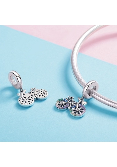 Fastbuy S925 Ayar Gümüş Bisiklet Kolye, Renkli Zirkon Boncuklu, Dıy Charm Bilezik, Çok Renkli Kolye Aksesuar Çok Renkli