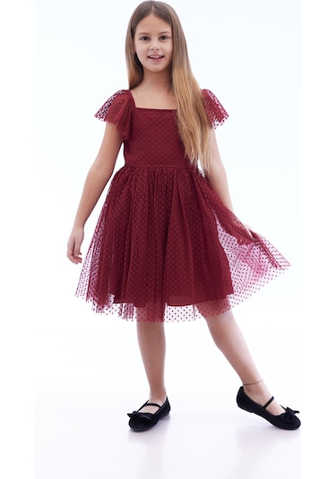 Ahengim Kız Çocuk Kare Yaka Trend Tül Elbise Ak2242 Bordo