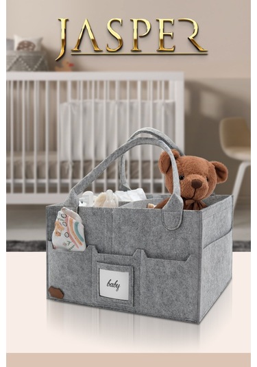 Jasper Keçe Gri Sade Bölmeli Kapaklı Anne Bebek Bakım Çantası Gri