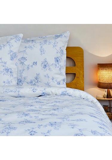 Çift Kişilik %100 Pamuk Mavi Çiçek Nevresim Takımı | Mavi & Beyaz | 4 Parça | Yumuşak Dokulu