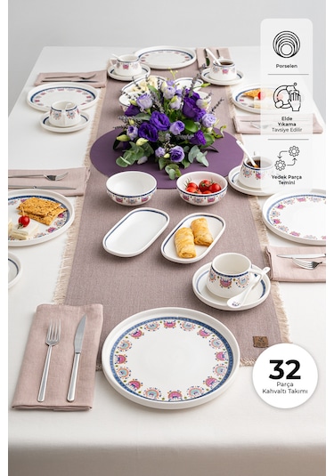 Emsan Ethnic Pink Porselen 32 Parça 6 Kişilik Kahvaltı / Servis Beyaz
