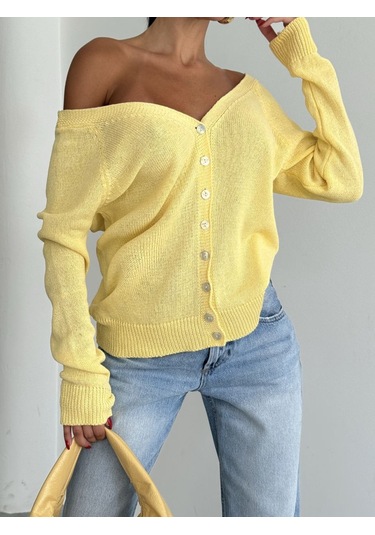 Kadın Yeni Sezon Sırt Ve Ön Düğme Sarı Triko Hırka Omuz Açık Kullanım Detaylı Sarı