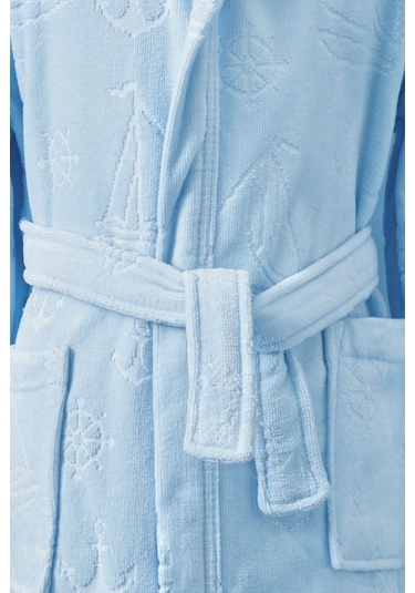 Boy Marine Kapüşonlu Kadife Çocuk Bornozu 15 Yaş Mavi