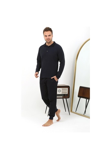 Akbeniz Erkek Polo Yaka Uzun Kol Penye Pijama Takımı 6862 Lacivert Lacivert