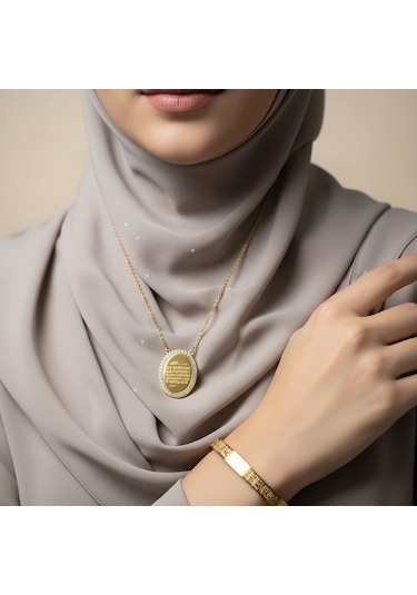 Taşlı Oval Kolye Ve Ayetel Kürsi Bileklik Seti Gold Çelik Takı Altın