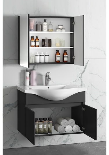 Yıldız 80 Cm Antrasit Gri Mdf Lavabolu Asma Banyo Dolabı Takımı Antrasit - Gri
