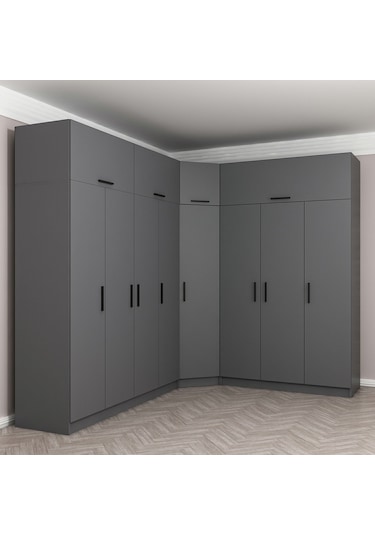 Minar Kale 8 Kapaklı 4 Ç Köşe Dolap + Yüklük Antrasit 255cm