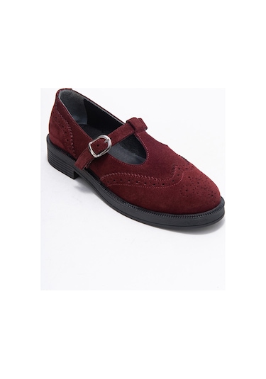 Janney Bordo Süet Hakiki Deri Bantlı Kadın Loafer Ayakkabı Bordo