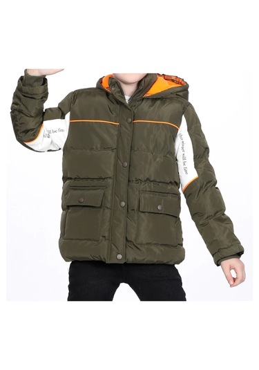 Erkek Çocuk Kolları Renk Bloklu Yazı Desenli Şerit Detaylı Fermuar Çıtçıt Kapamalı Haki Renk Mont Haki