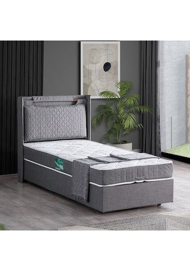 Setaymobilya Baza, Zagreb Tek Kişilik Baza + Başlık + Comfort Yatak, Gri