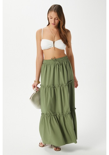 Kadın Elanora Haki Astarlı Katlı Poplin Etek Haki