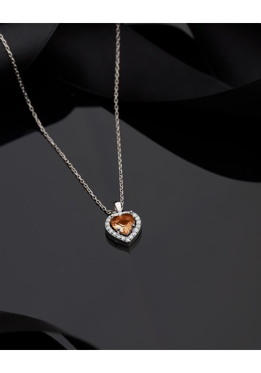 925 Ayar Sitrin Taşlı Rodyum Pırlanta Görünümlü Kalp Gümüş Kolye Rn10312 Gümüş