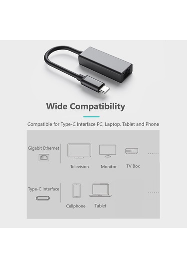 Cbtx 0352B Tip-C RJ45 LAN Adaptörü LED Göstergeli Ethernet Ağ Kartı Gri