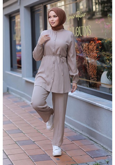 Hakim Yaka Detaylı Tesettür Vizon Takım Vizon