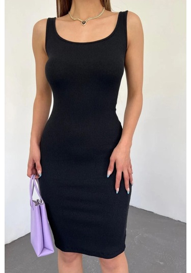 Kadın Kalın Askılı Kare Yaka Kolsuz Kısa Elbise Siyah