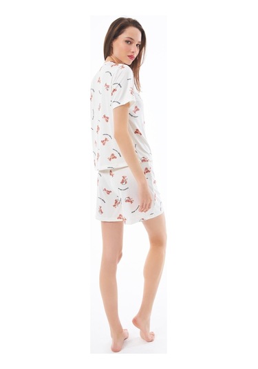 Premium Yazlık Şortlu Kadın Pijama Takımı Ayıcık Desenli Yumuşak Dokulu Bisiklet Yaka Kısa Kollu Krem