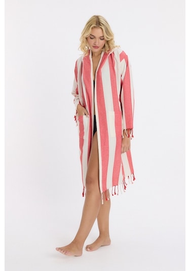 Mulberry Striped Peştemal Bornoz Banyo Ve Plaj Elbisesi Kırmızı