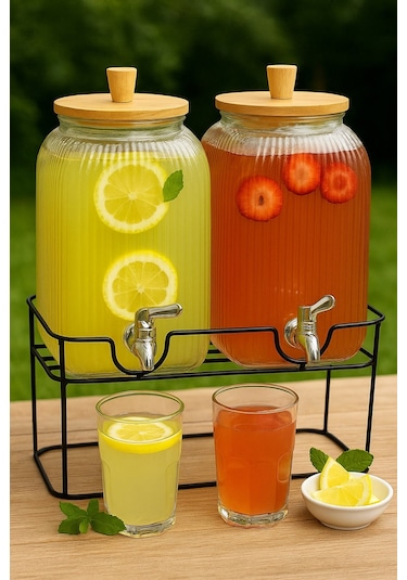 Qerhome 2'li Cam Şerbetlik Seti Musluklu, Bambu Kapaklı, Standlı 3.75 Lt + 3.75 Lt