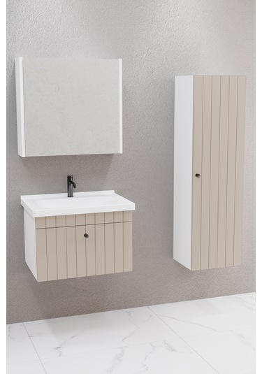 Alice 65 Cm Banyo Dolabı Bgn Aynalı Krem - Boy Dolap Dahil Krem