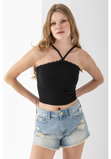 Giysa Kadın Çapraz Askılı Dantel Detaylı Crop Body Siyah - Ms0000309 Siyah