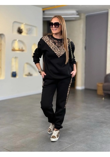 Modaserdem Kadın Üç Iplik Kumaş Leopar Desenli Dantel Detaylı Ikili Takım Siyah