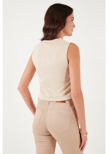 Lela Fitted Scuba Süet V Yaka Düğmeli Bayan Yelek 5865576 Taş