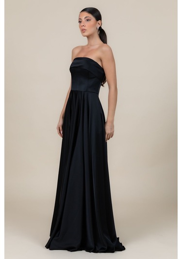 Doridorca Kadın Straplez Saten Kumaş Uzun Abiye Elbise 6135 Siyah Siyah